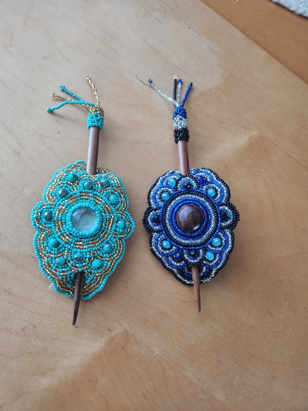 2-Cancun Mexican Handmade Beaded Hair Slide with Wooden Pin